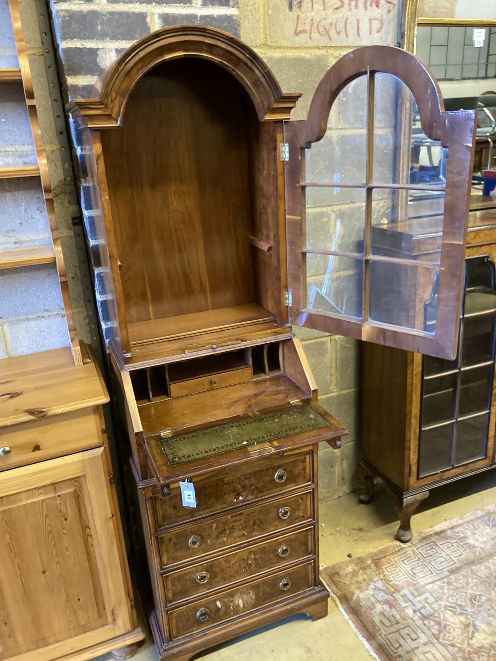 A small Queen Anne style burr yew bureau bookcase, width 48cm, depth 36cm, height 160cm